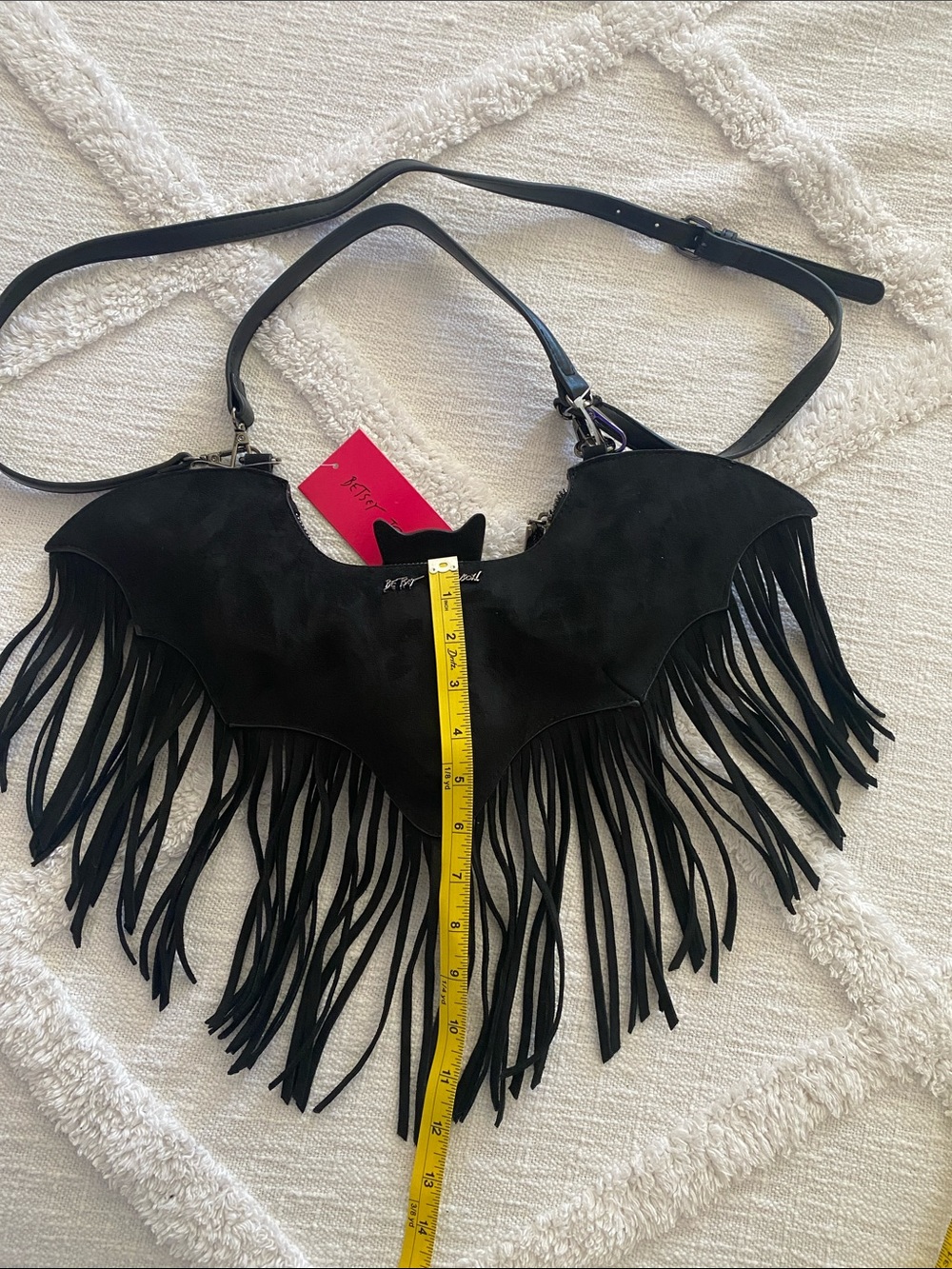 Betsey Johnson Black Suede Bat Fringe Shoulder Bag - Picture 5 of 5